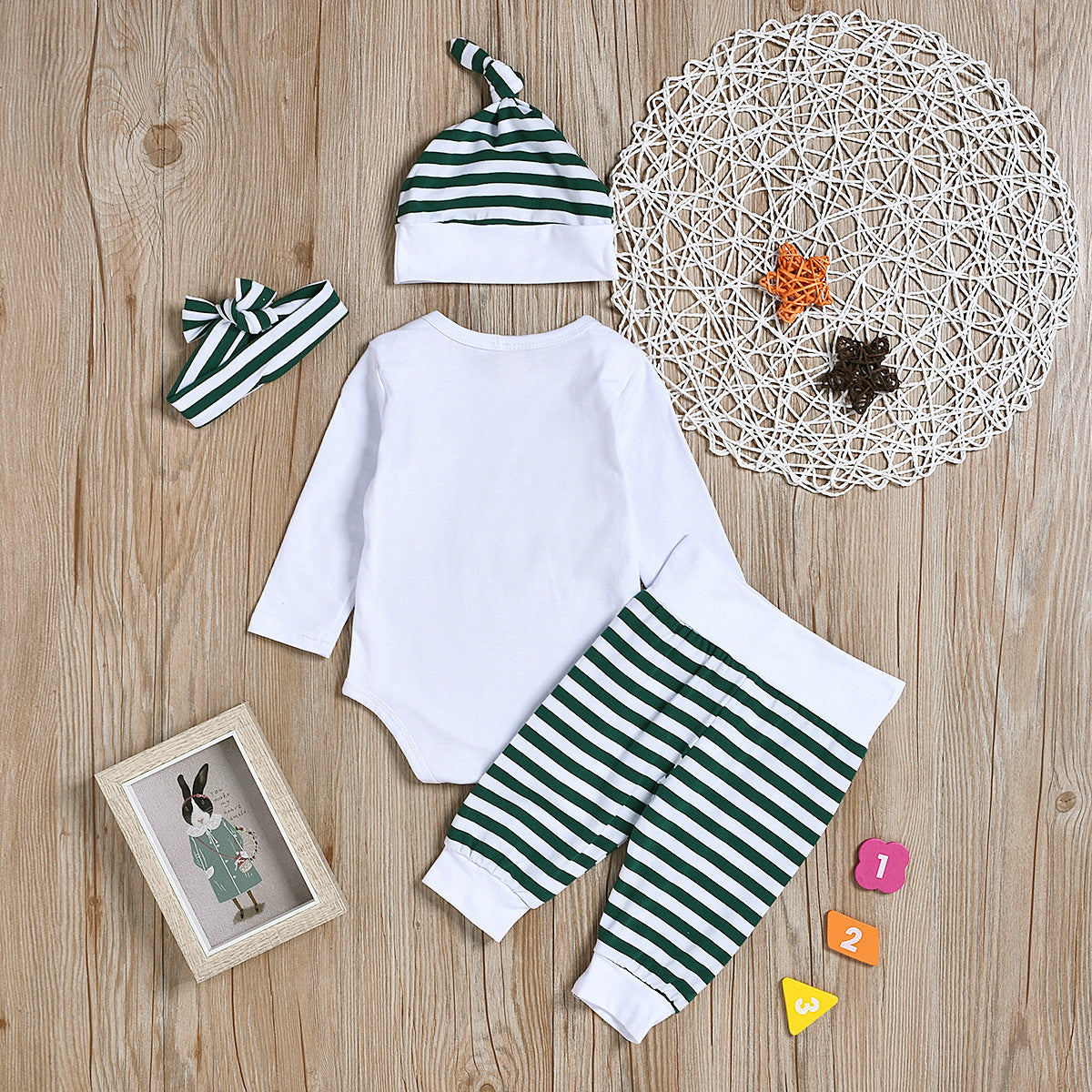 4 Pieces Set Baby Unisex Christmas Letters Print Rompers Striped Color-blocking Pants Hats And Headwear Wholesale 22062211