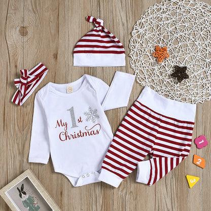 4 Pieces Set Baby Unisex Christmas Letters Print Rompers Striped Color-blocking Pants Hats And Headwear Wholesale 22062211