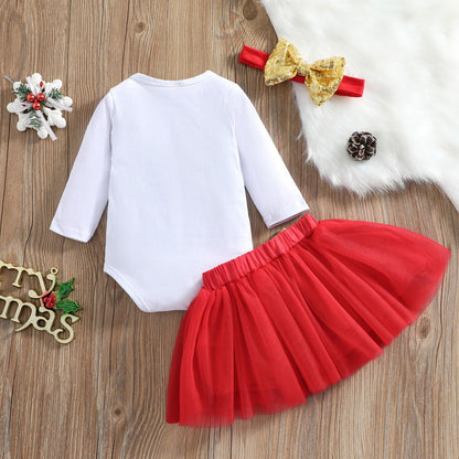 3 Pieces Set Baby Girls Christmas Bow Skirts And Headwear