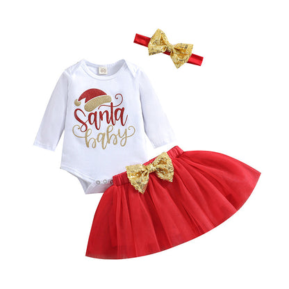 3 Pieces Set Baby Girls Christmas Letters Print Rompers Bow Skirts And Headwear Wholesale 220622132