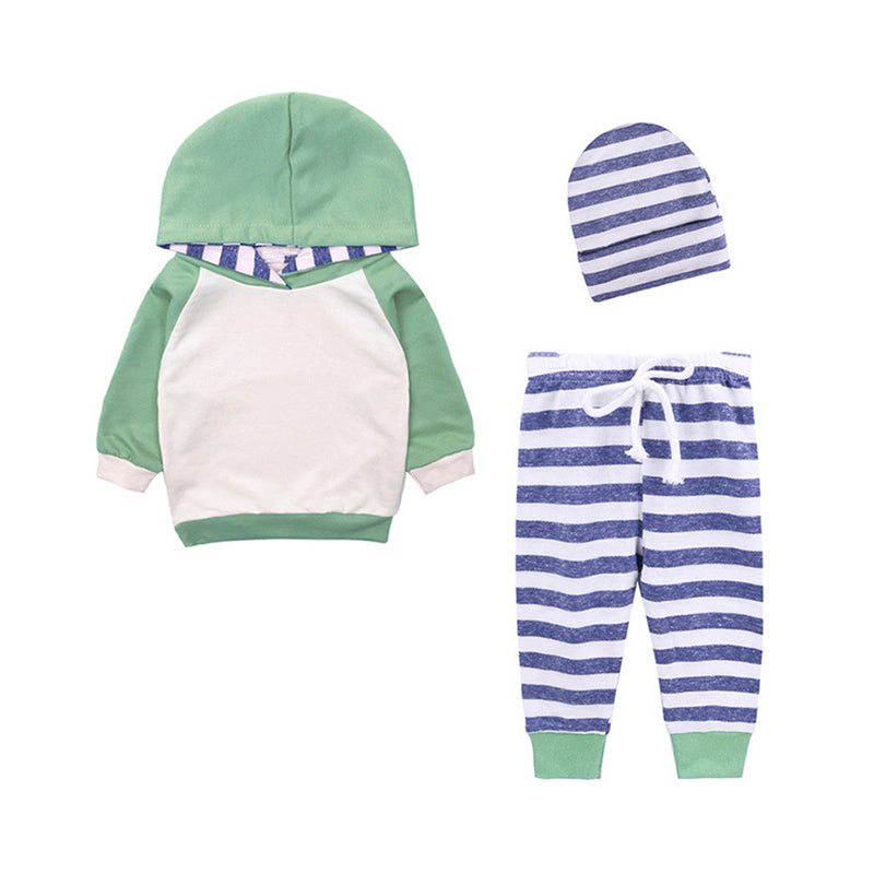 3 Pieces Set Baby Unisex Color-blocking Hoodies Swearshirts Striped Pants And Bow Headwear Wholesale 22063015