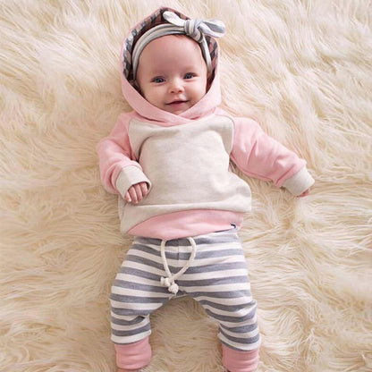 3 Pieces Set Baby Unisex Color-blocking Hoodies Swearshirts Striped Pants And Bow Headwear Wholesale 22063015