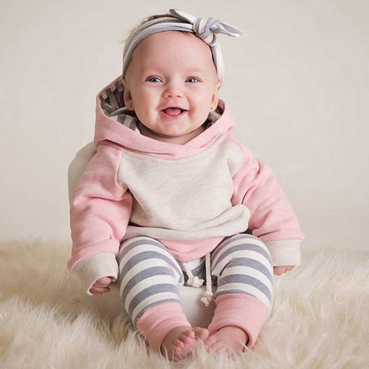 3 Pieces Set Baby Unisex Color-blocking Hoodies Swearshirts Striped Pants And Bow Headwear Wholesale 22063015