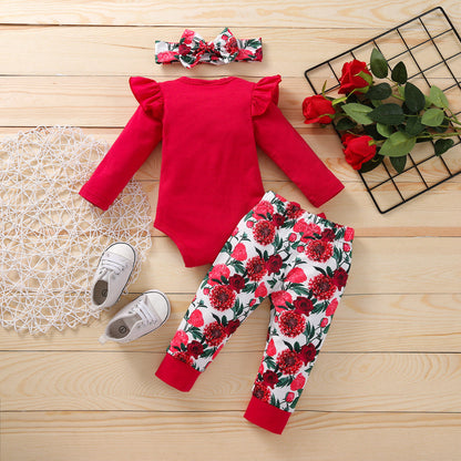 3 Pieces Set Baby Girls Flower Pants And Bow Headwear