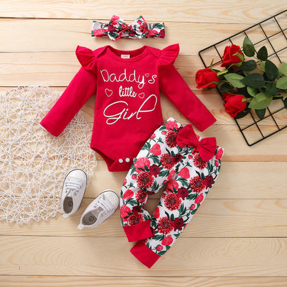 3 Pieces Set Baby Girls Flower Pants And Bow Headwear