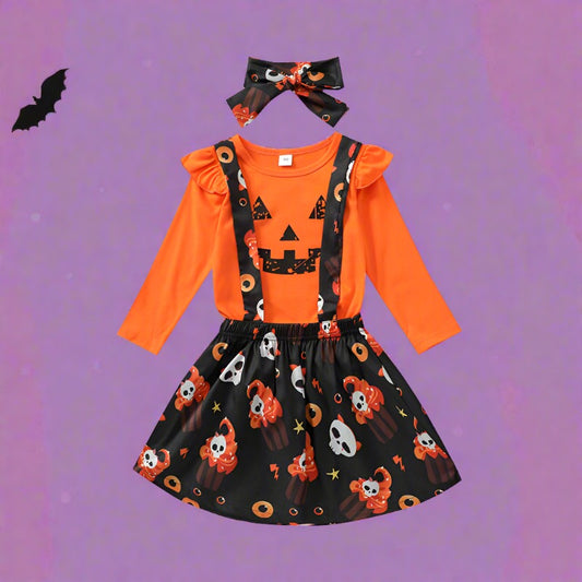 3 Pieces Set Kid Girls Halloween Cartoon Tops Dresses And Bow