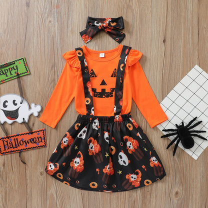 3 Pieces Set Kid Girls Halloween Cartoon Tops Dresses And Bow