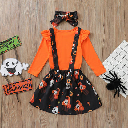 3 Pieces Set Kid Girls Halloween Cartoon Tops Dresses And Bow