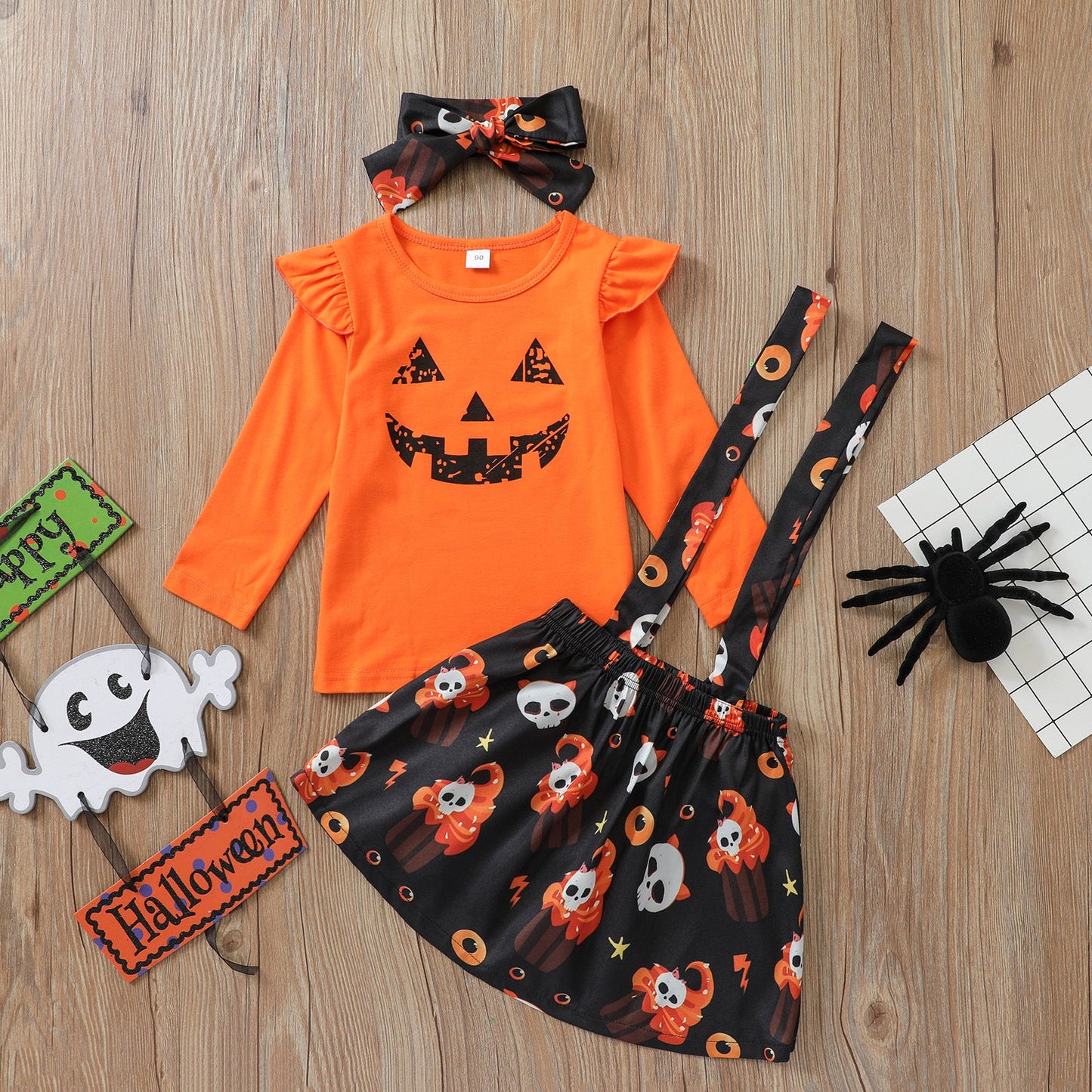 3 Pieces Set Kid Girls Halloween Cartoon Tops Dresses And Bow