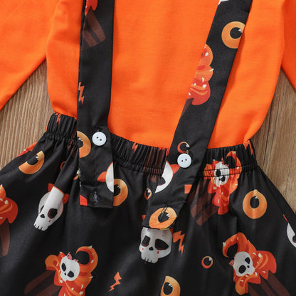 3 Pieces Set Kid Girls Halloween Cartoon Tops Dresses And Bow