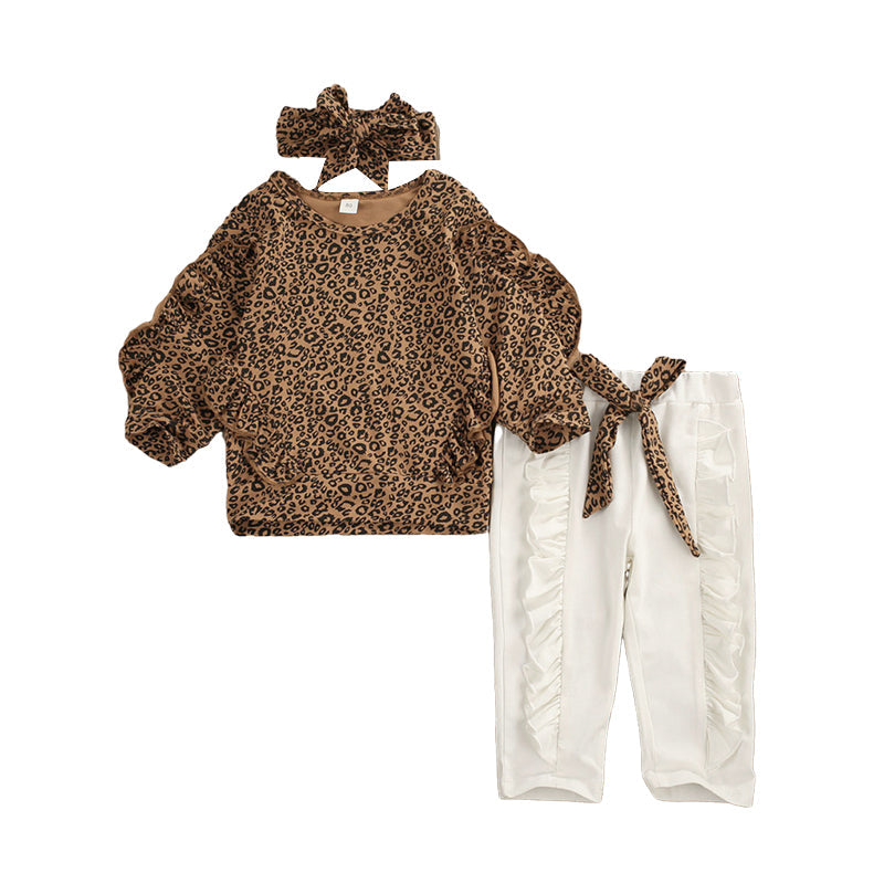 3 Pieces Set Baby Kid Girls Leopard Tops And Bow Pants And Headwear Wholesale 22072643