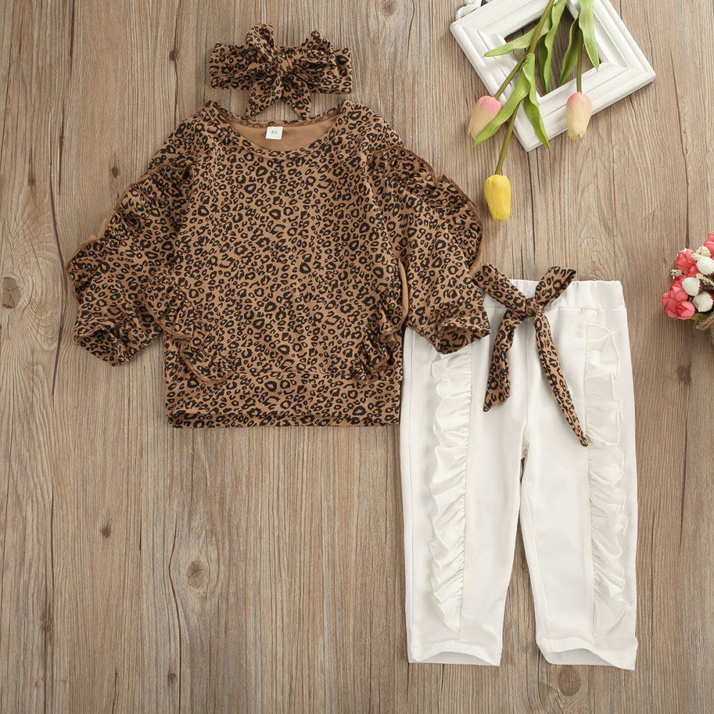 3 Pieces Set Baby Kid Girls Leopard Tops And Bow Pants And Headwear Wholesale 22072643