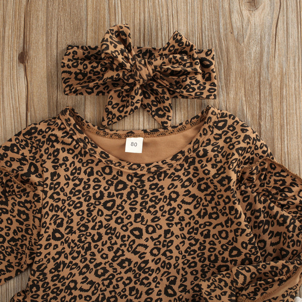 3 Pieces Set Baby Kid Girls Leopard Tops And Bow Pants And Headwear Wholesale 22072643