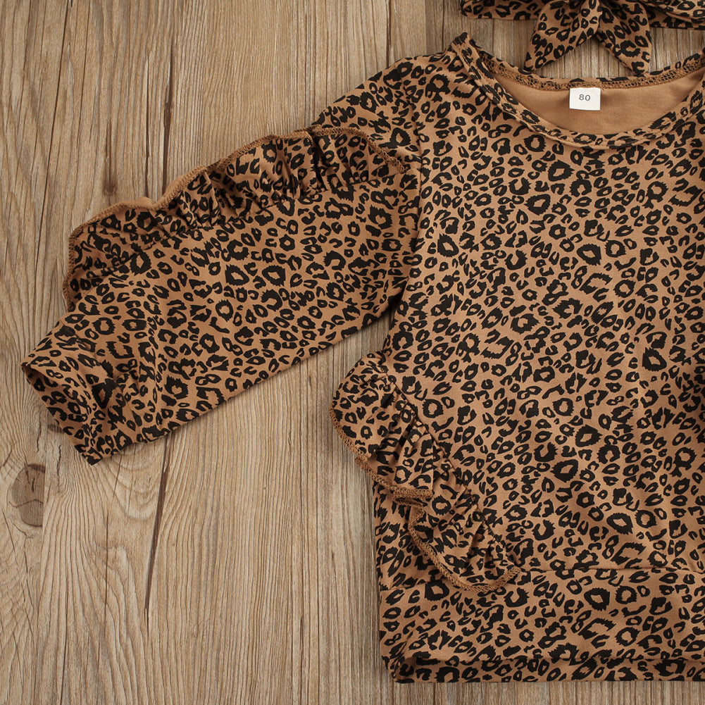 3 Pieces Set Baby Kid Girls Leopard Tops And Bow Pants And Headwear Wholesale 22072643