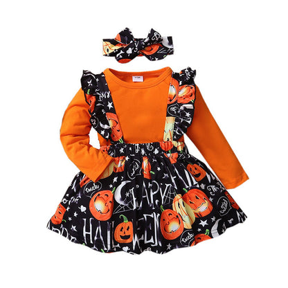 3 Pieces Set Baby Girls Halloween Striped Letters Rompers And Flower Print Skirts And Headwear Wholesale 220831167