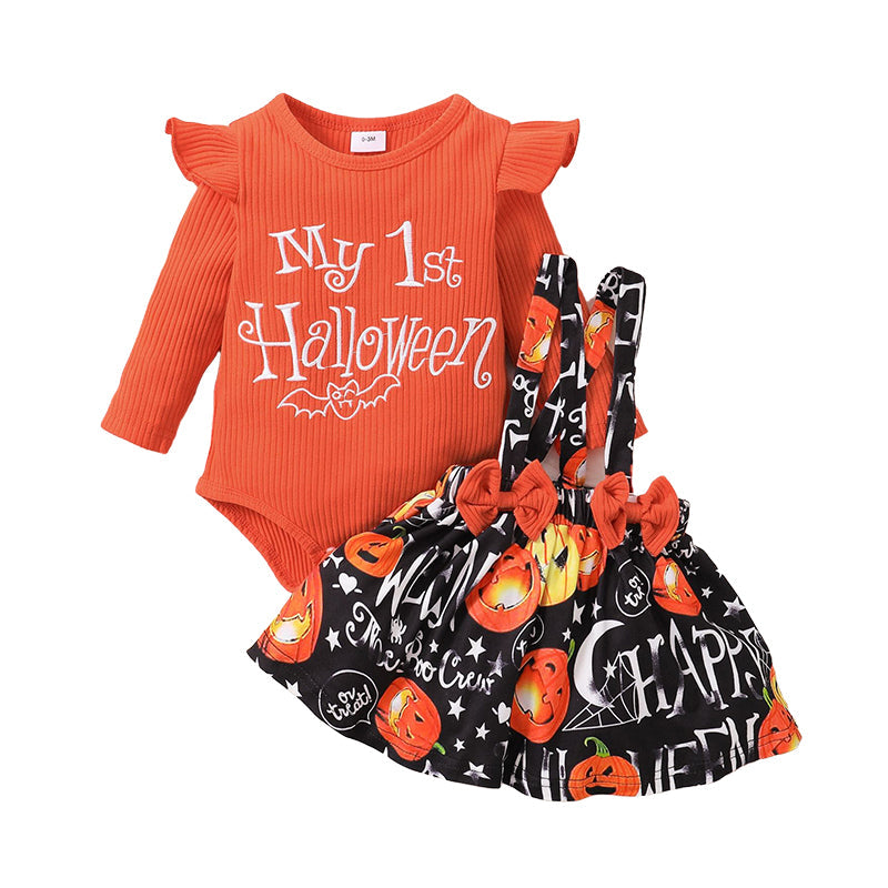 3 Pieces Set Baby Girls Halloween Striped Letters Rompers And Flower Print Skirts And Headwear Wholesale 220831167