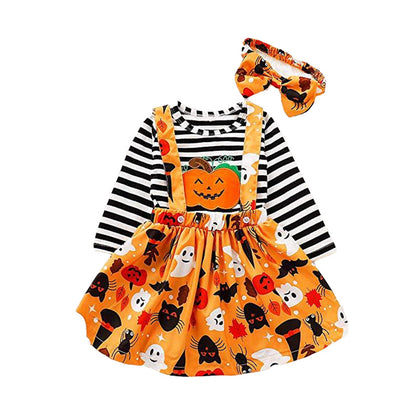 3 Pieces Set Baby Girls Halloween Striped Letters Rompers And Flower Print Skirts And Headwear Wholesale 220831167