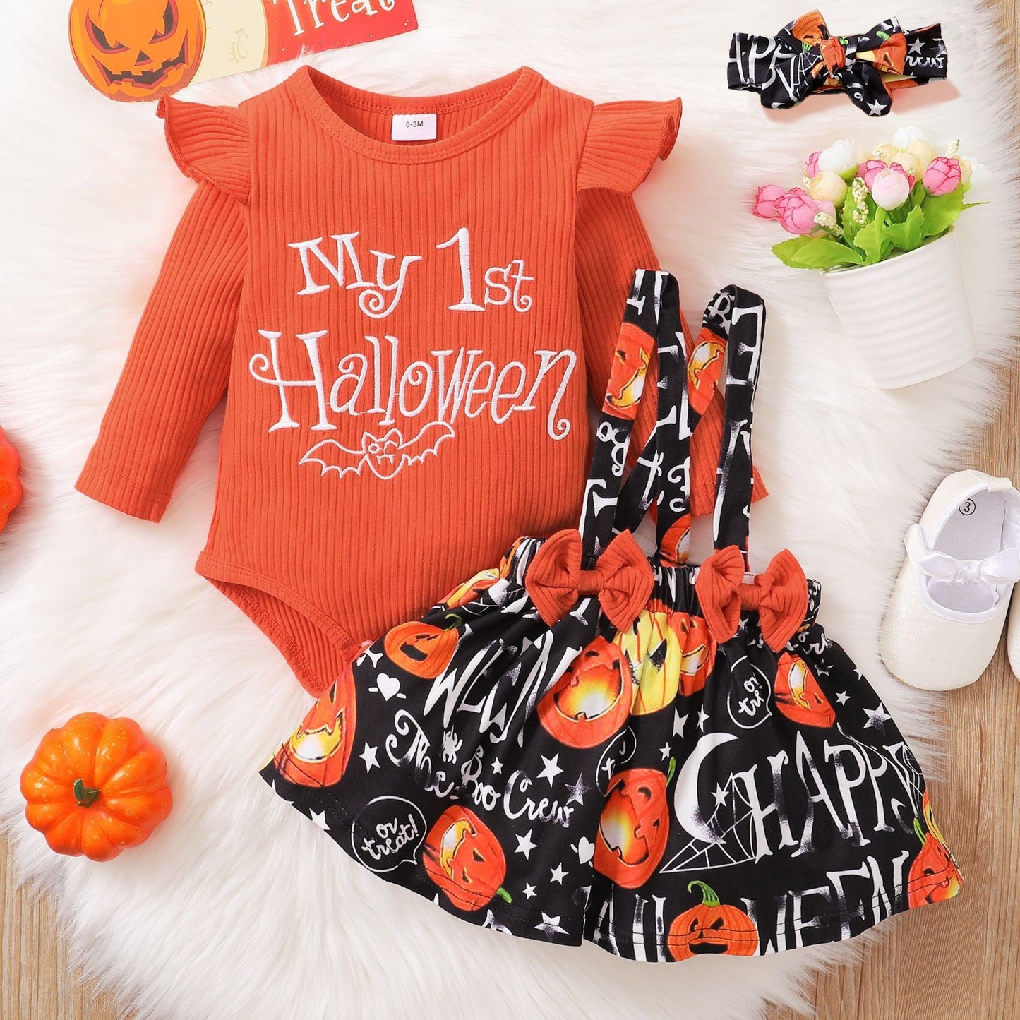 3 Pieces Set Baby Girls Halloween Striped Letters Rompers And Flower Print Skirts And Headwear Wholesale 220831167