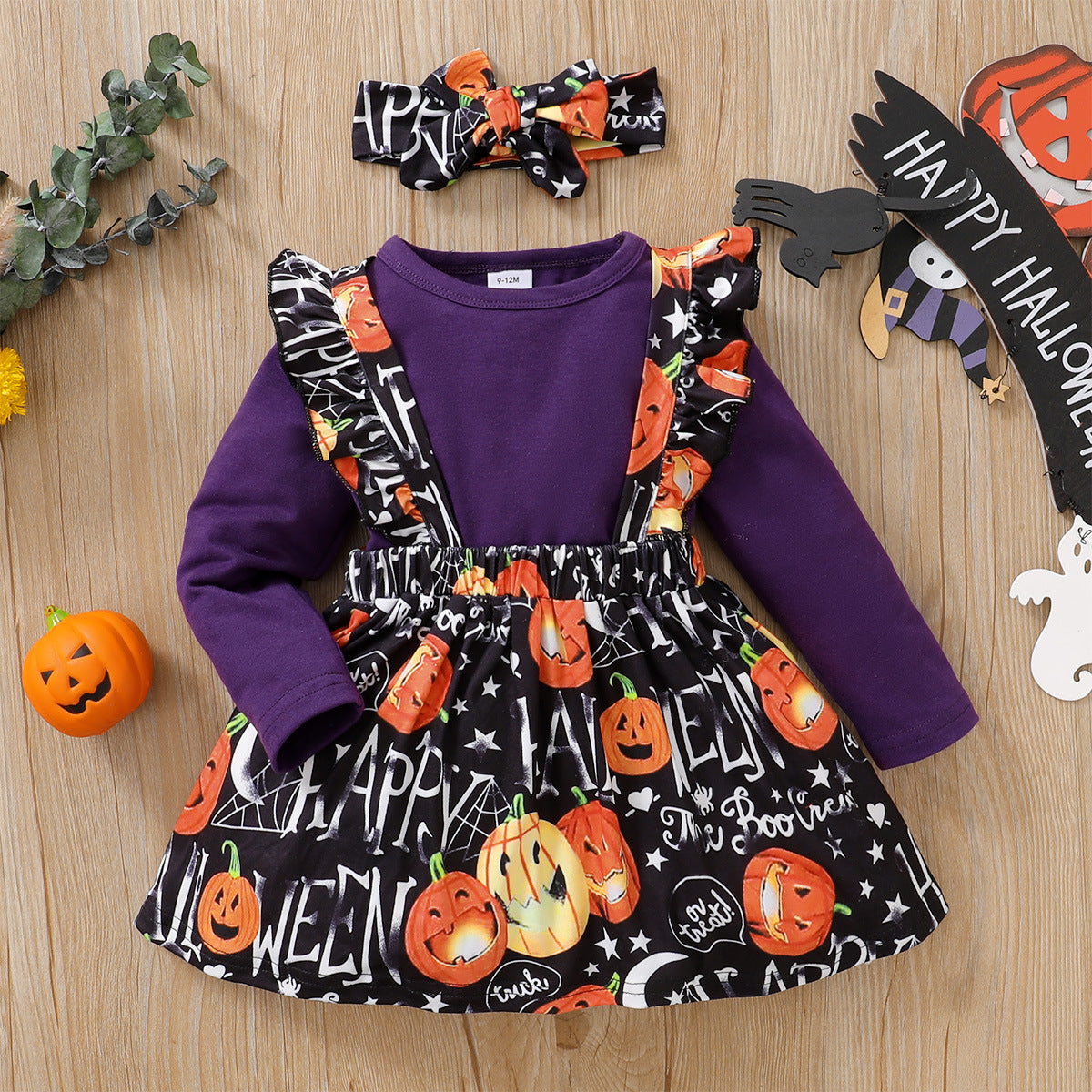 3 Pieces Set Baby Girls Halloween Striped Letters Rompers And Flower Print Skirts And Headwear Wholesale 220831167