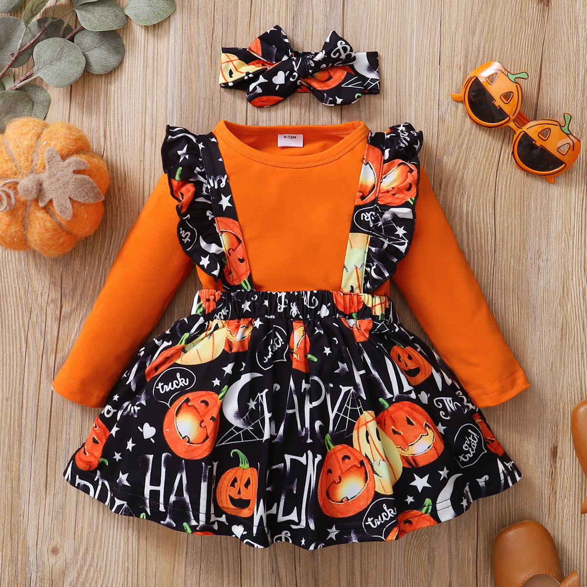 3 Pieces Set Baby Girls Halloween Striped Letters Rompers And Flower Print Skirts And Headwear Wholesale 220831167