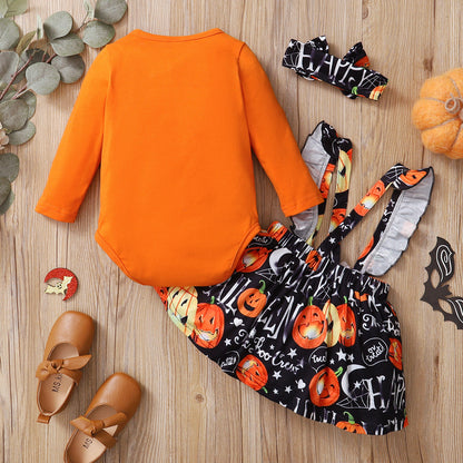 3 Pieces Set Baby Girls Halloween Striped Letters Rompers And Flower Print Skirts And Headwear Wholesale 220831167