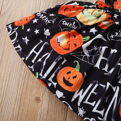 3 Pieces Set Baby Girls Halloween Striped Letters Rompers And Flower Print Skirts And Headwear Wholesale 220831167