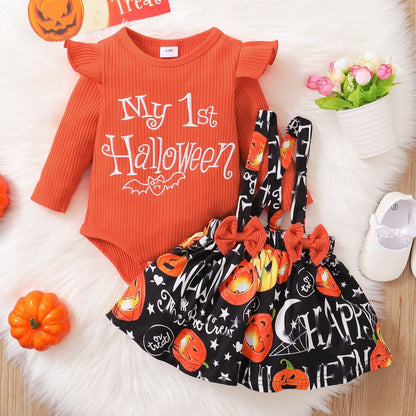 3 Pieces Set Baby Girls Halloween Striped Letters Rompers And Flower Print Skirts And Headwear Wholesale 220831167