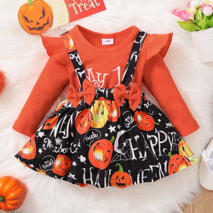 3 Pieces Set Baby Girls Halloween Striped Letters Rompers And Flower Print Skirts And Headwear Wholesale 220831167