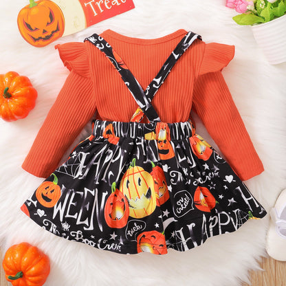 3 Pieces Set Baby Girls Halloween Striped Letters Rompers And Flower Print Skirts And Headwear Wholesale 220831167