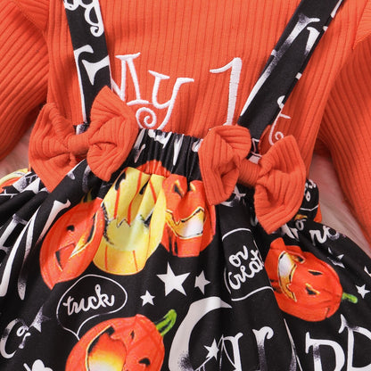 3 Pieces Set Baby Girls Halloween Striped Letters Rompers And Flower Print Skirts And Headwear Wholesale 220831167