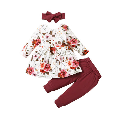 3 Pieces Set Baby Kid Girls Flower Print Dresses And Pants And Bow Headwear Wholesale 220831187