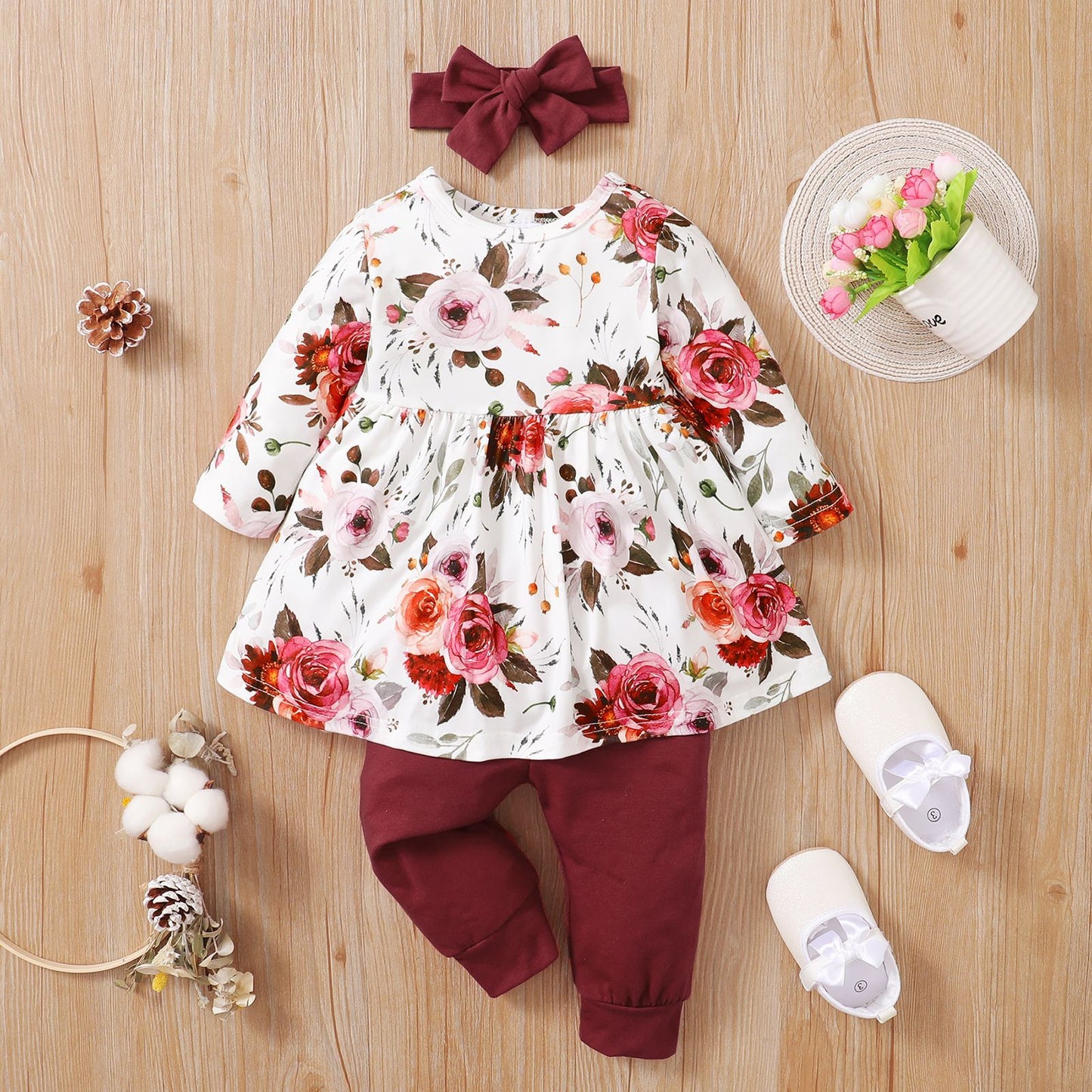 3 Pieces Set Baby Kid Girls Flower Print Dresses And Pants And Bow Headwear Wholesale 220831187