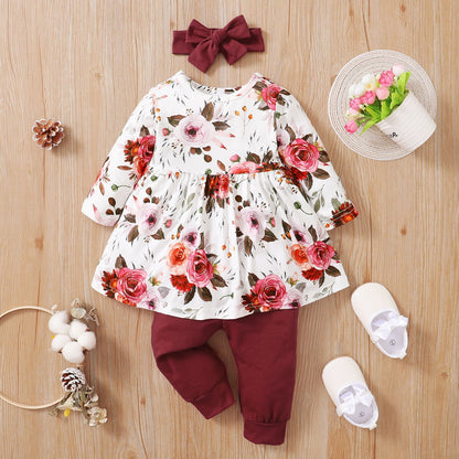 3 Pieces Set Baby Kid Girls Flower Print Dresses And Pants And Bow Headwear Wholesale 220831187