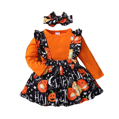 3 Pieces Set Baby Kid Girls Solid Color Print Tops And Cartoon Dresses And Bow Headwear Wholesale 22083135