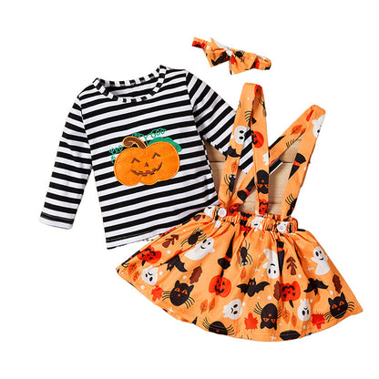 3 Pieces Set Baby Kid Girls Solid Color Print Tops And Cartoon Dresses And Bow Headwear Wholesale 22083135