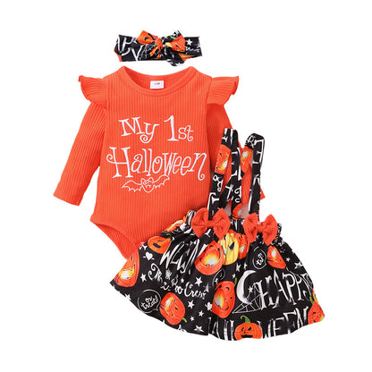 3 Pieces Set Baby Kid Girls Solid Color Print Tops And Cartoon Dresses And Bow Headwear Wholesale 22083135