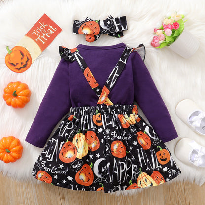 3 Pieces Set Baby Kid Girls Solid Color Print Tops And Cartoon Dresses And Bow Headwear Wholesale 22083135