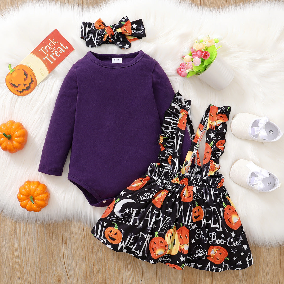 3 Pieces Set Baby Kid Girls Solid Color Print Tops And Cartoon Dresses And Bow Headwear Wholesale 22083135