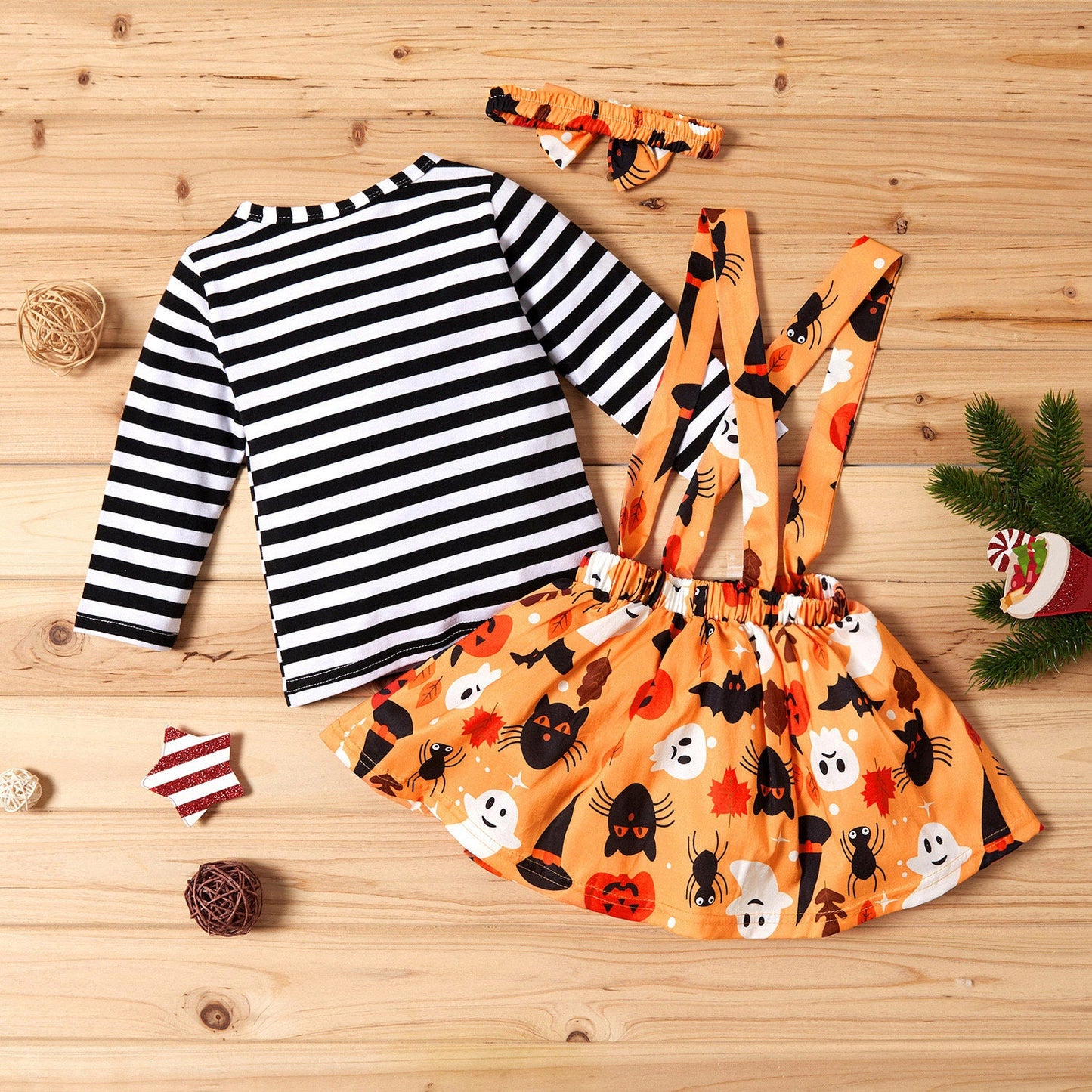 3 Pieces Set Baby Kid Girls Solid Color Print Tops And Cartoon Dresses And Bow Headwear Wholesale 22083135