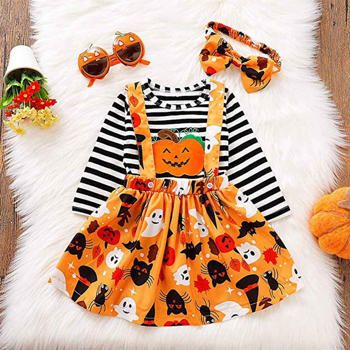 3 Pieces Set Baby Kid Girls Solid Color Print Tops And Cartoon Dresses And Bow Headwear Wholesale 22083135