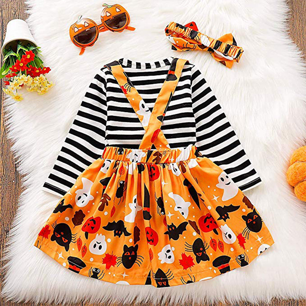 3 Pieces Set Baby Kid Girls Solid Color Print Tops And Cartoon Dresses And Bow Headwear Wholesale 22083135