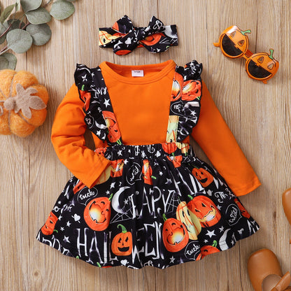 3 Pieces Set Baby Kid Girls Solid Color Print Tops And Cartoon Dresses And Bow Headwear Wholesale 22083135