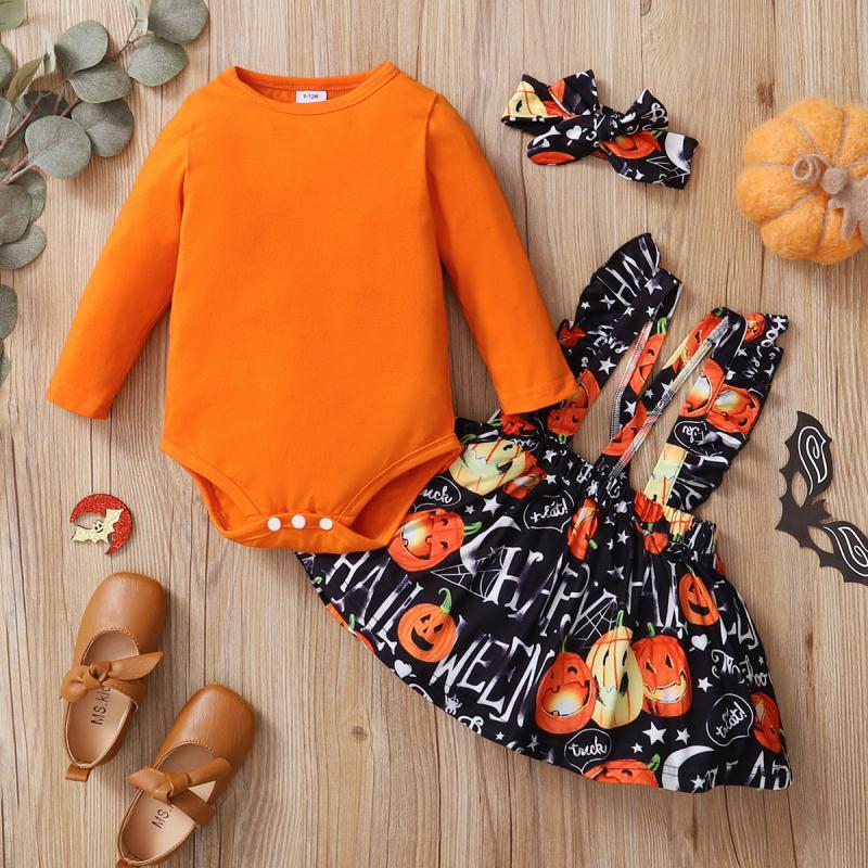 3 Pieces Set Baby Kid Girls Solid Color Print Tops And Cartoon Dresses And Bow Headwear Wholesale 22083135