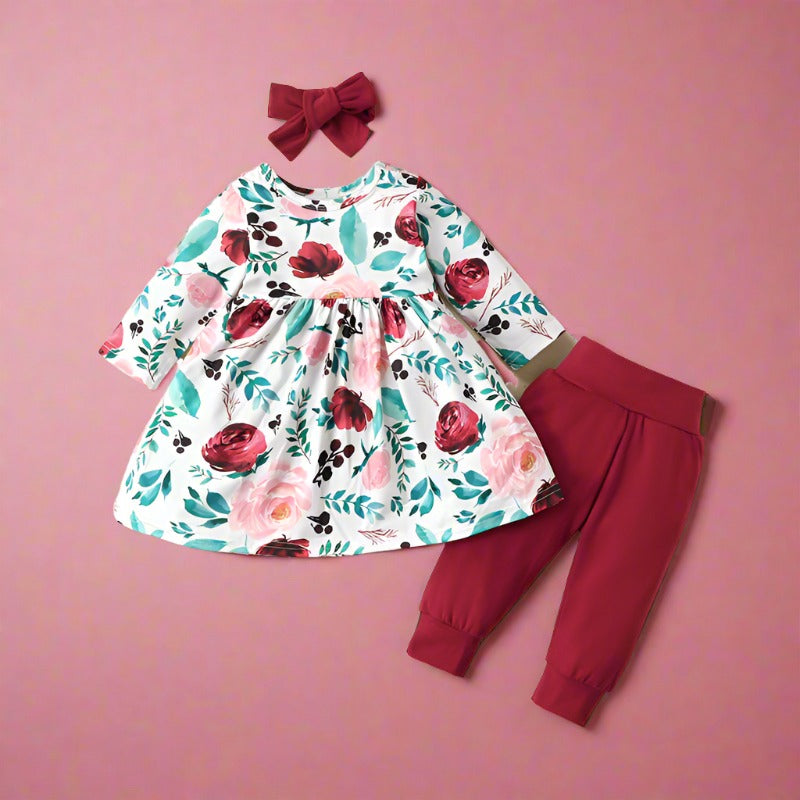 3 Pieces Set Baby Kid Girls Tops And Pants And Bow Headwear