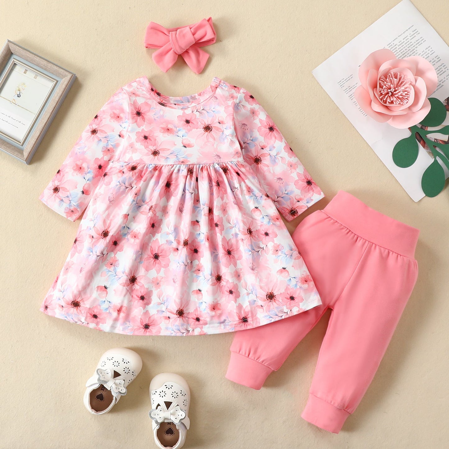 3 Pieces Set Baby Kid Girls Tops And Pants And Bow Headwear