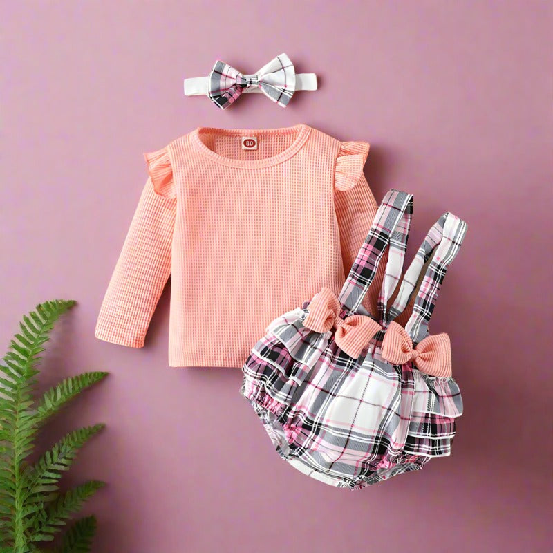 3 Pieces Set Baby Girls Tops And Bow Rompers And Headwear