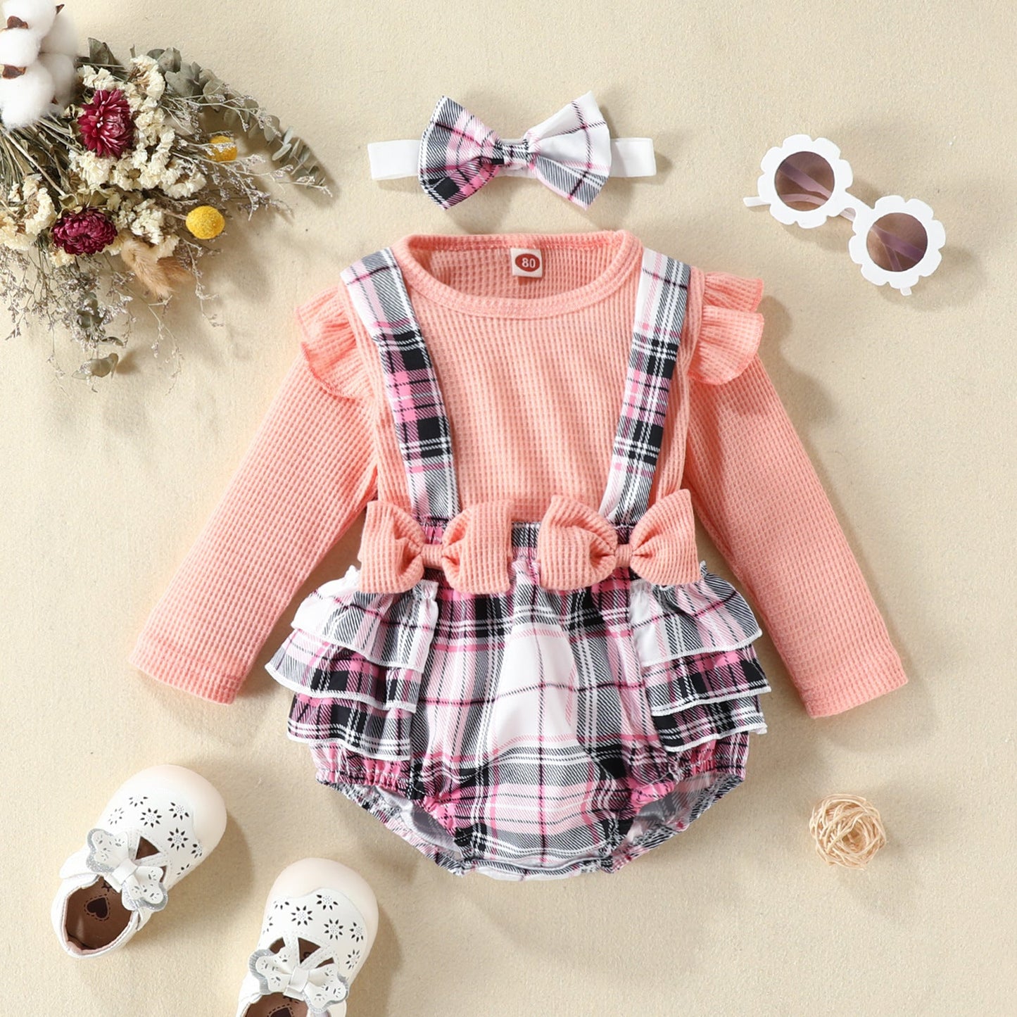 3 Pieces Set Baby Girls Tops And Bow Rompers And Headwear