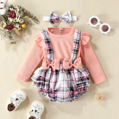 3 Pieces Set Baby Girls Tops And Bow Rompers And Headwear