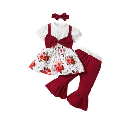 3 Pieces Set Baby Kid Girls Color-blocking Flower Bow Print Dresses And Ribbon Pants And Headwear Wholesale 220831558