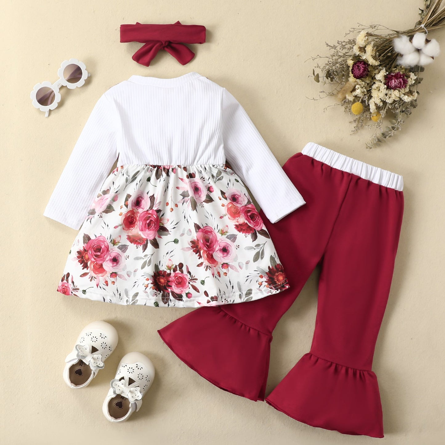 3 Pieces Set Baby Kid Girls Color-blocking Flower Bow Print Dresses And Ribbon Pants And Headwear Wholesale 220831558